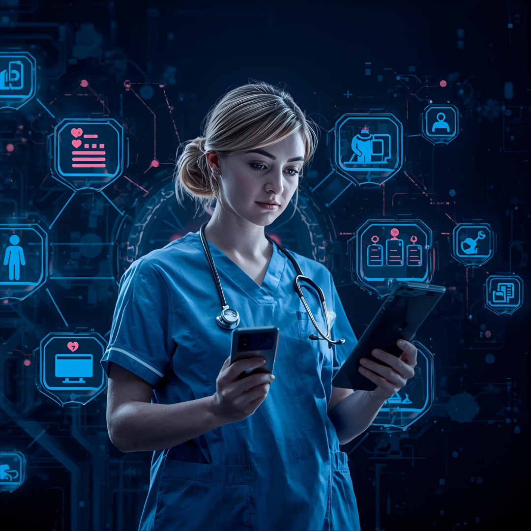 Młoda pielęgniarka w niebieskim uniformie ze stetoskopem na szyi korzysta z tabletu i smartfona. W tle widoczne są cyfrowe ikony symbolizujące nowoczesne technologie medyczne i telemedycynę.